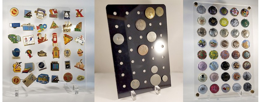 Plexiglas displays for pins, buttons and champagne muzzles